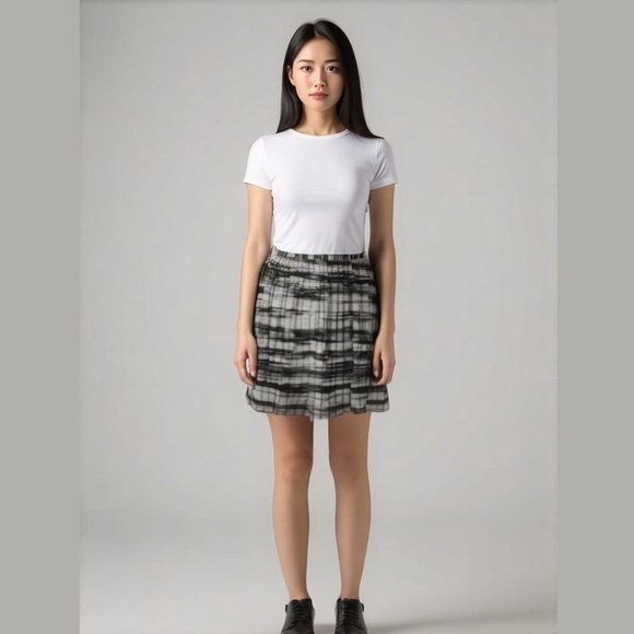 Calvin Klein Black Gray Pleated Panelled Flowy A-line Skirt Abstract Print Sz L - Picture 1 of 11